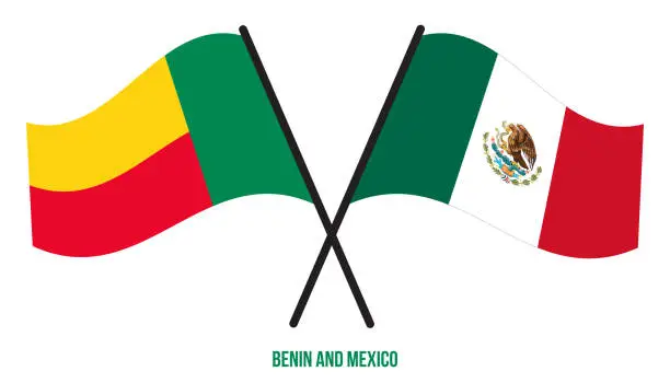 Vector illustration of Benin and Mexico Flags Crossed And Waving Flat Style. Official Proportion. Correct Colors.