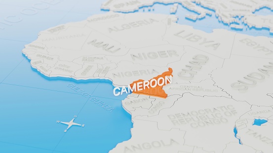 Cameroon highlighted on a white simplified 3D world map. Digital 3D render.