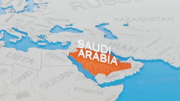Saudi Arabia highlighted on a white simplified 3D world map. Digital 3D render.