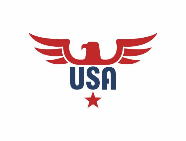 Color illustration of eagle, text and star. Red and blue illustration on a white background. Vector illustration depicts the symbol of the USA. The emblem of freedom and democracy. republic logo pic stock illustrations