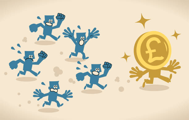 Group of businessmen are running after anthropomorphic Pound sign coin (British currency); Trying hard to catch money Blue Little Characters Vector Art Illustration.
Group of businessmen are running after anthropomorphic Pound sign coin (British currency); Trying hard to catch money. british coins stock illustrations