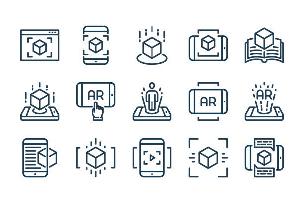 illustrazioni stock, clip art, cartoni animati e icone di tendenza di set di icone di linea correlate alla realtà aumentata. simulazione interattiva e icone vettoriali lineari di realtà virtuale. - simulatore