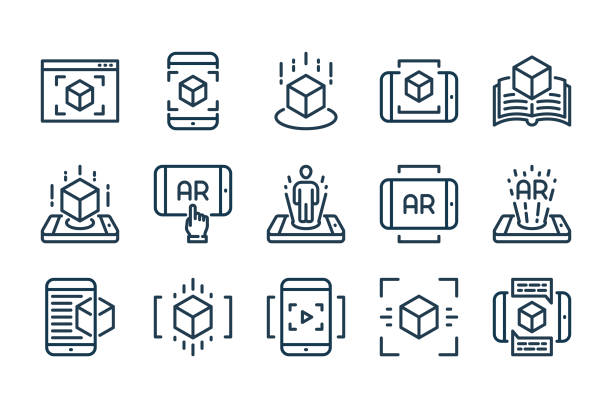 Augmented Reality related line icon set. Interactive simulation and Virtual Reality linear vector icons. Augmented Reality related line icon set. Interactive simulation and Virtual Reality linear vector icons. augmented reality stock illustrations