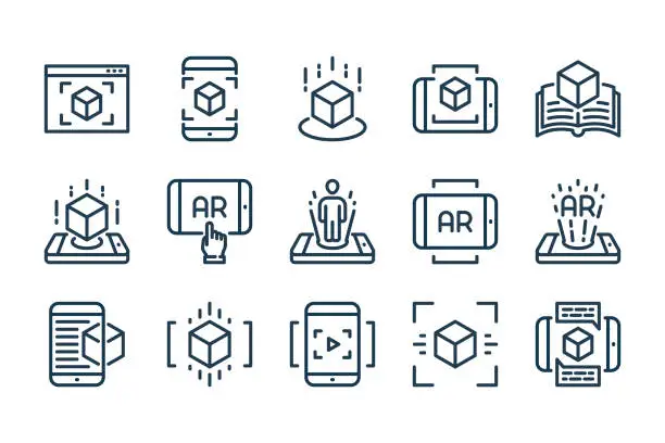 Vector illustration of Augmented Reality related line icon set. Interactive simulation and Virtual Reality linear vector icons.