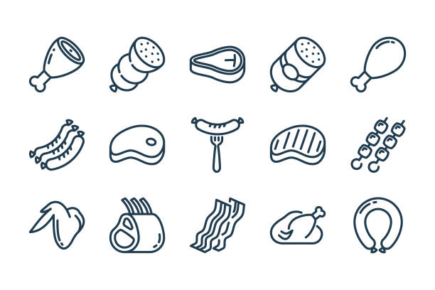 ilustraciones, imágenes clip art, dibujos animados e iconos de stock de conjunto de iconos de línea relacionados con carne y salchichas. iconos de contorno vectorial de bistec y barbacoa. - carne