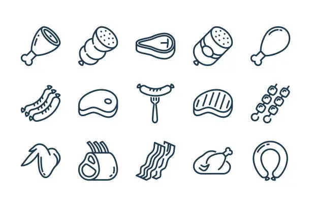 Vector illustration of Meat and sausage related line icon set. Steak and Barbecue vector outline icons.