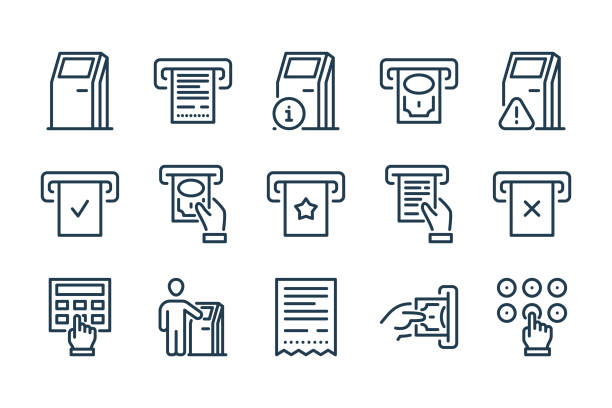 self-service terminal und kiosk verwandte linie symbol gesetzt. interaktive ständer- und zahlungsterminal-linienvektorsymbole. - selbstbedienung stock-grafiken, -clipart, -cartoons und -symbole