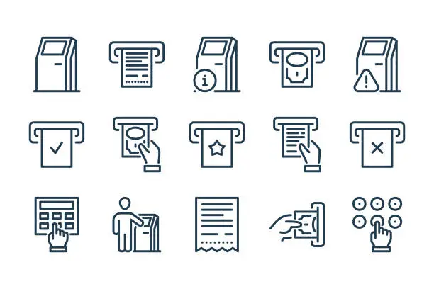 Vector illustration of Self-service Terminal and Kiosk related line icon set. Interactive stand and Payment Terminal line vector icons.