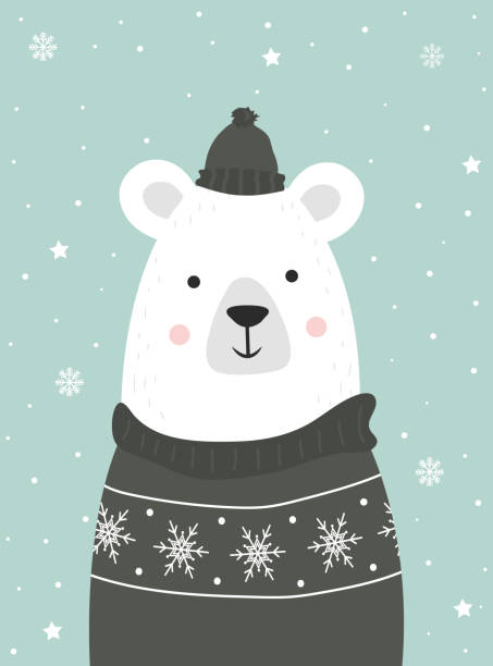 netter winter lächelnder weißer bär mit schneeflocken. cartoon-zoo. vektor-illustration. tier für das design von kinderprodukten im skandinavischen stil. - polar bear young animal isolated cub stock-grafiken, -clipart, -cartoons und -symbole