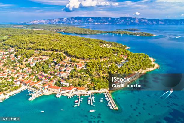 Town Of Jelsa Bay And Waterfront Aerial View Stock Photo - Download Image Now - Jelsa, Croatia, Adriatic Sea