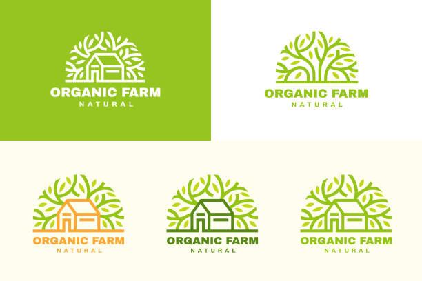 ilustrações, clipart, desenhos animados e ícones de conjunto de logotipo de fazenda orgânica - quinta orgânica