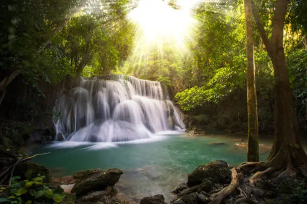 Beautiful waterwall in nationalpark of Kanchanaburi province, ThaiLand. Huai-mae-kha-min waterfall with sunlight