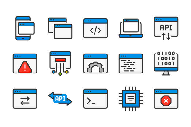 ilustrações, clipart, desenhos animados e ícones de ícones da linha de cores da página da web. conjunto de ícones coloridos lineares do vetor do site e da api. coleção de ícones isolados em fundo branco. - laptop browser isolated web page