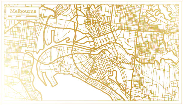 墨爾本澳大利亞城市地圖在復古風格在金色。大綱圖。 - 墨爾本 澳洲 插圖 幅插畫檔、美工圖案、卡通及圖標