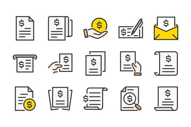Invoice and bill color line icons. Payout and offer vector linear colorful icon set. Isolated icon collection on white background. Invoice and bill color line icons. Payout and offer vector linear colorful icon set. Isolated icon collection on white background. tax silhouettes stock illustrations