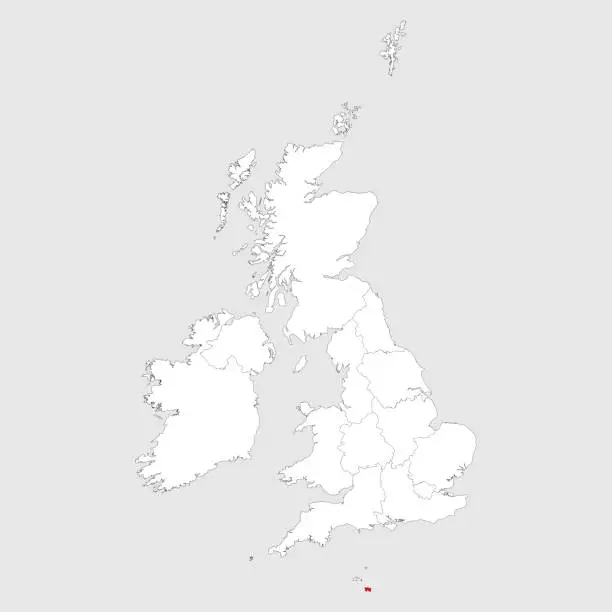 Vector illustration of Jersey map highlighted red on united kingdom political map.