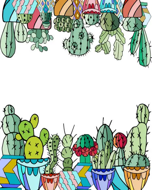 Vector illustration of Vector frame of cheerful cacti. Festive mood. The vertical format. Collection of cactuses isolated on a white background. Houseplant. Hand-drawn home decor. Doodle style.
