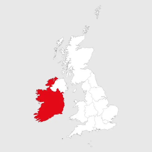 Vector illustration of Ireland map highlighted red on united kingdom political map.