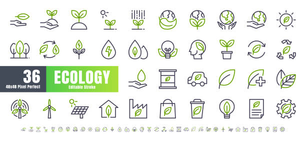 Vector of 36 Ecology and Green Energy Power Bicolor Line Outline Icon Set. 48x48 and 192x192 Pixel Perfect Editable Stroke. Vector of 36 Ecology and Green Energy Power Bicolor Line Outline Icon Set. 48x48 and 192x192 Pixel Perfect Editable Stroke. environment icons stock illustrations