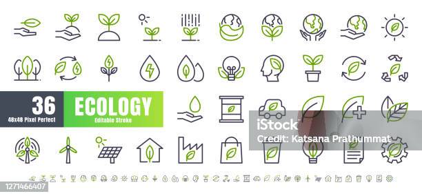 Vector Of 36 Ecology And Green Energy Power Bicolor Line Outline Icon Set 48x48 And 192x192 Pixel Perfect Editable Stroke Stock Illustration - Download Image Now