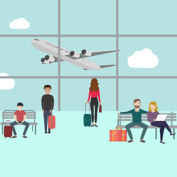 деловые люди, сидящие и гуляя в терминале аэропорта, концепция деловых поездок. плоский дизайн. - posing cloud sky window stock illustrations