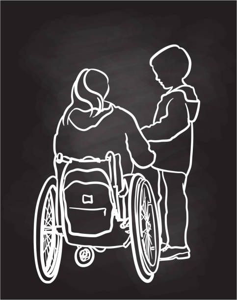 Mom With Disability Chalkboard Little boy talking to his mom sitting in a wheelchair mother drawings stock illustrations