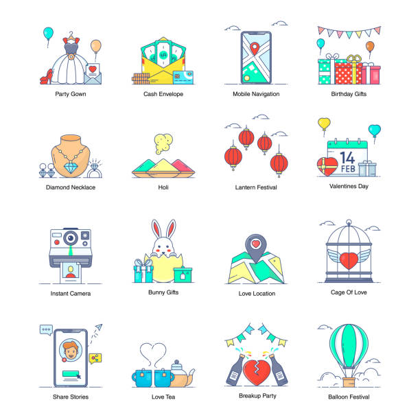 Party and Fun Flat Icons Set Party and fun vectors are presented in modern flat style for your ease. Refresh yourself and get these amazing vectors in editable quality. Hope will find it fantastic for your design project. weather balloon stock illustrations