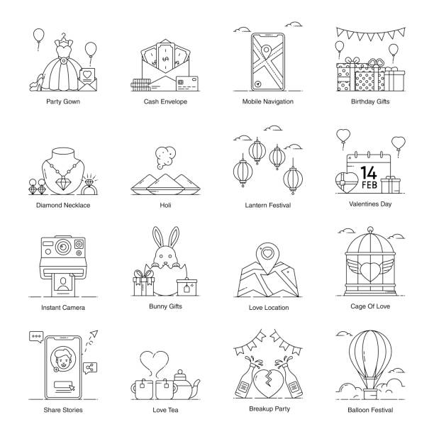 ilustraciones, imágenes clip art, dibujos animados e iconos de stock de conjunto de iconos de línea de fiesta y diversión - globo del tiempo