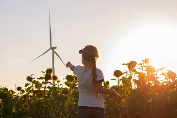 Photo of Cute girl in white t-shirt smelling sunflower in sunset field wind turbines farm on background. Child with long braid.