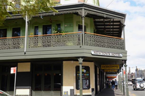 Newtown Hotel on King Street, Newtown Newtown Hotel on King Street, Newtown. Exterior show balcony with wrought iron framework. newtown stock pictures, royalty-free photos & images