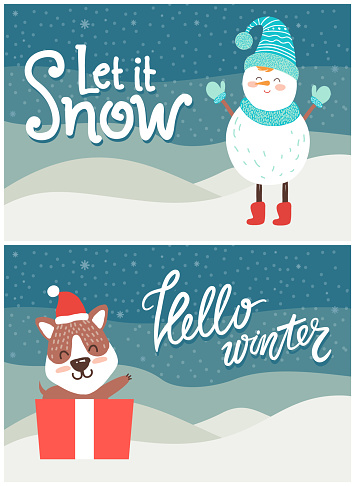 Let it snow hello winter bright snowy postcard with fox holding gift box and snowman in scarf and hat. Vector illustration with greeting from animals