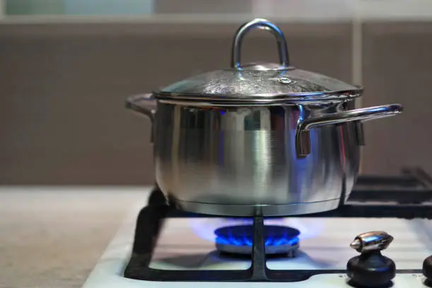 Photo of A meal is cooked in a stainless steel pan with a glass lid on a gas stove