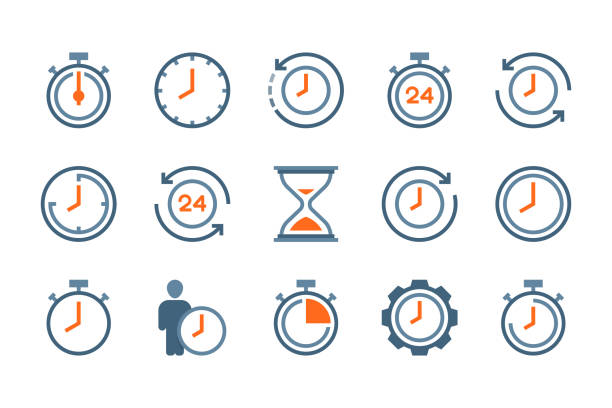 ilustrações, clipart, desenhos animados e ícones de ícones planos de tempo e relógio. conjunto de ícones coloridos do vetor de alarme e temporizador. coleção de ícones hora e data em fundo branco. - hourglass time timer measuring