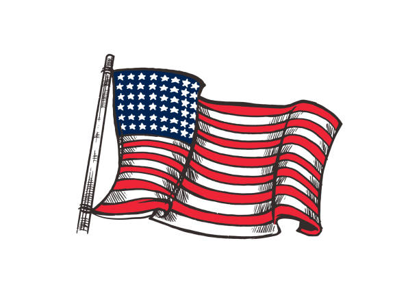 ilustraciones, imágenes clip art, dibujos animados e iconos de stock de ilustración de bandera americana colorida dibujada a mano aislada en fondo blanco. elemento de la bandera americana para emblema, logotipo, fondo de pantalla, papel pintado o camiseta. - american flag flag usa freedom
