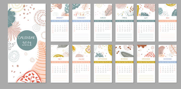 2021 trendy calendar design. Editable calender page template.Abstract artistic vector illustration.Cute printable creative template with floral elements 2021 trendy calendar design. Set of 12 months. Week starts on Sunday. Editable calender page template.Abstract artistic vector illustration.Cute printable creative template with floral elements nature calendar stock illustrations