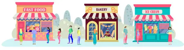 Vector illustration of Queue for grocery stores. Pastry shop, fast food and ice cream. Social distance in the queue.Vector illustration in flat style. Banner