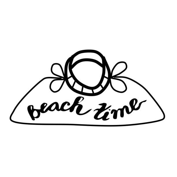 Cute beach bag with lettering isolated on white background. Summer vector illustration with the inscription: beach time.  Silhouette of a women's beach bag in the Doodle style. Cute beach bag with lettering isolated on white background. Summer vector illustration with the inscription: beach time.  Silhouette of a women's beach bag in the Doodle style. plage stock illustrations