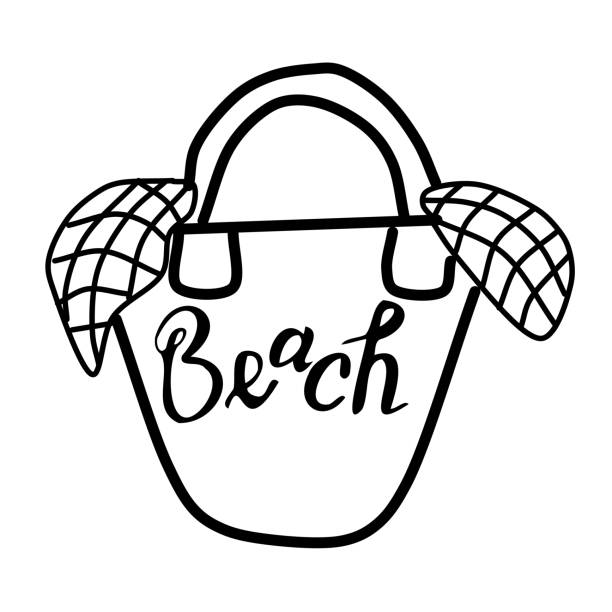 Cute beach bag with lettering isolated on white background. Summer vector illustration with the inscription: beach .  Silhouette of a women's beach bag in the Doodle style. Cute beach bag with lettering isolated on white background. Summer vector illustration with the inscription: beach .  Silhouette of a women's beach bag in the Doodle style. plage stock illustrations