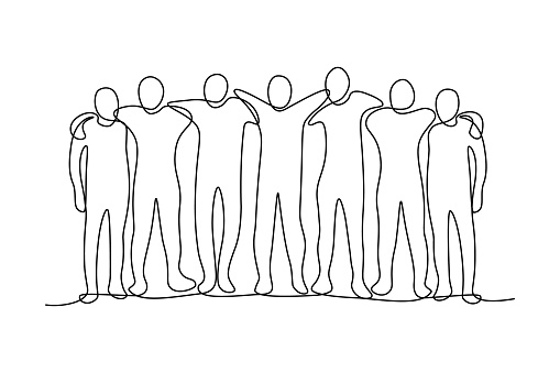Group of abstract people hugging together in continuous line art drawing style. Friendship and teamwork concept. Minimalist black linear design isolated on white background. Vector illustration