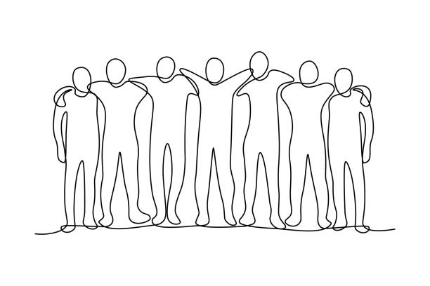 Group of people Group of abstract people hugging together in continuous line art drawing style. Friendship and teamwork concept. Minimalist black linear design isolated on white background. Vector illustration continuous line drawing illustrations stock illustrations