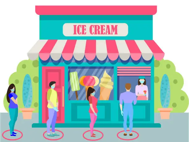 Vector illustration of The concept of social distance in the queue at the store. Line at store ice cream. Men and women in medical face mask buying groceries in shop. Keep safe distance. Vector illustration in flat style.