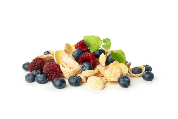 istock Muesli, leaves, blueberry and raspberry isolated on white background 1271481676