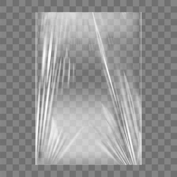 illustrazioni stock, clip art, cartoni animati e icone di tendenza di texture trasparente dell'involucro in plastica elasticizzato. realistico sfondo della pellicola elastica avvolgente in polietilene. mockup del pacchetto cellophane trasparente vettoriale - plastica