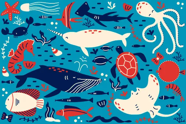 Vector illustration of Marine life doodle set