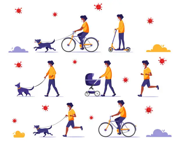 Vector illustration of Black man doing outdoor activities during pandemic: walk with dog, child, riding bicycle, jogging. Black man in face mask. Quarantine concept.