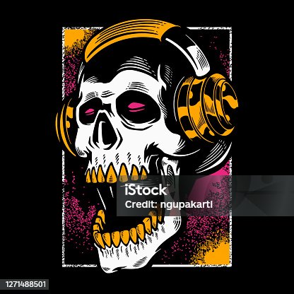 istock Hand drawn skull listening to music in headphones. Vintage dead head on dark color background. T- shirt design halloween theme. Print for clothes, posters, and other uses. Vector illustration 1271488501