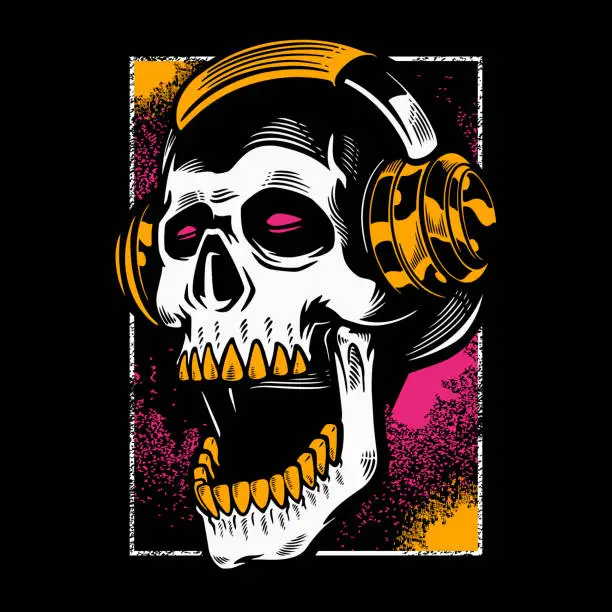 Vector illustration of Hand drawn skull listening to music in headphones. Vintage dead head on dark color background. T- shirt design halloween theme. Print for clothes, posters, and other uses. Vector illustration