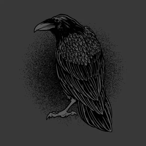 Vector illustration of Dark evil raven for halloween theme tattoo and t-shirt design. Vintage crow symbol of gothic, halloween, fear. Hunter bird. Great for greeting cards, invitations, for printing on T-shirts and more