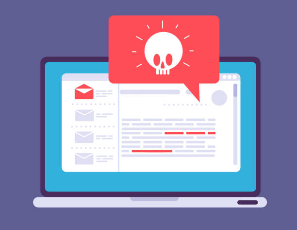 Laptop virus alert. Malware trojan notification on computer screen. Hacker attack and insecure internet connection vector concept Laptop virus alert. Malware trojan notification on computer screen. Hacker attack and insecure internet connection vector concept. Illustration of internet virus malware hacker laptop stock illustrations
