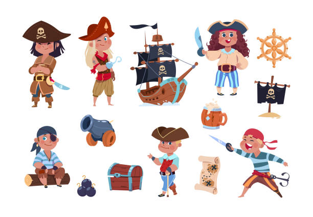 illustrations, cliparts, dessins animés et icônes de pirates de dessin animé. funny pirate capitaine et personnages de marin, collection de vecteurs de carte de trésor de navire - sailor people personal accessory hat